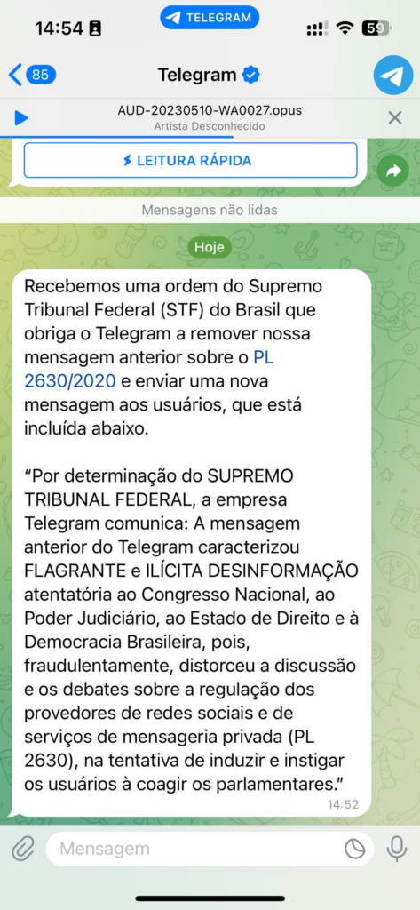 Por determinação de Moraes, Telegram exclui mensagem sobre PL das Fake News