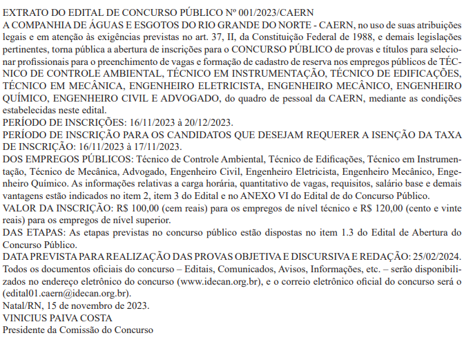 Caern abre concurso público com 33 vagas e salários de até R$ 8,7 mil concurso 2023 e 2024