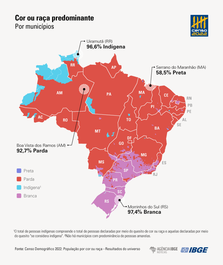 Mapa demonstrativo da população dominante do ponto de vista étnico-racial da população brasileira segundo Censo 2022 (Reprodução: Agência IBGE)