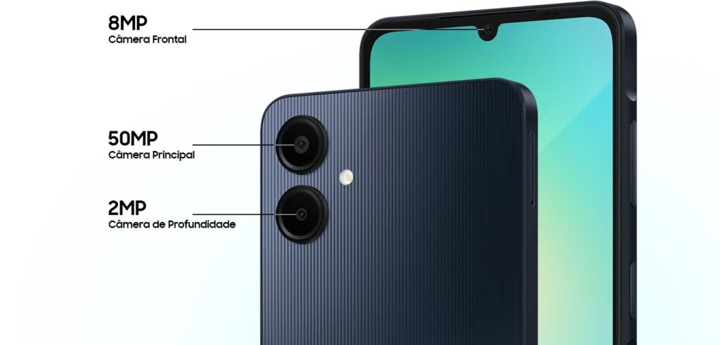 O Galaxy A06 apresenta uma câmera principal de 50 MP e uma frontal de 8 MP, com modos avançados como o Modo Retrato.